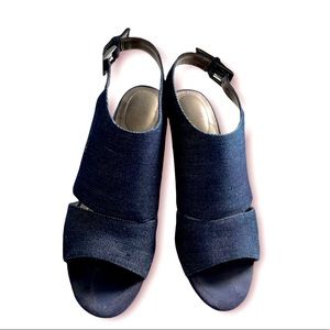 Denim low wooden wedge heel shoes